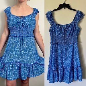 Women’s Boho Blue Polka Dot Ruffle Sundress Mini Cottagecore Dress